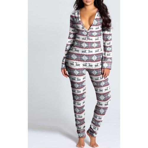 2021 New Year Merry Christmas Functional Buttoned Flap Printed Adults Pajamas Suit One Piece Sleepwear Detachable Jumpsuits