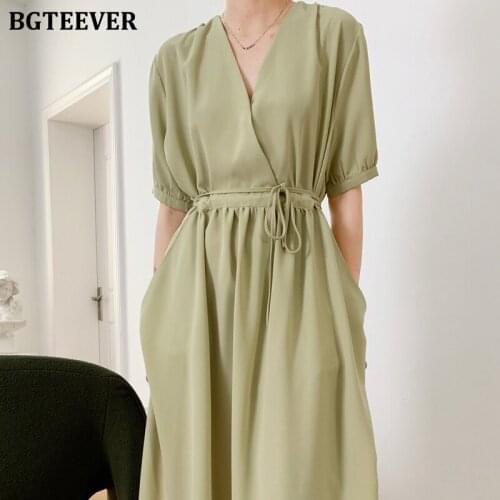 BGTEEVER Summer Ladies V-neck Solid Dress Short Sleeve Lace-up Pockets Women Mid-length Dress 2021 Elegant A-line Vestidos Femme