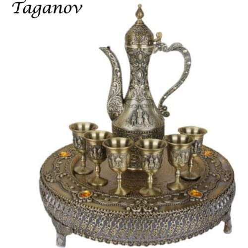 Gifts Eight-Piece Wine set European Retro Alloy Liqueur set Russian Palace Style Sip Cup goblet Spirit Wine Pot Flagon With Tray