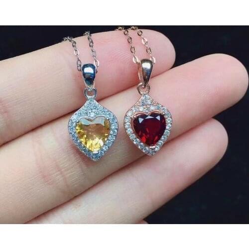 Romantic Heart Crystal Pendant for Daily Wear 7mm Natural Garnet Citrine Necklace Pendant Solid 925 Silver Citrine Garnet