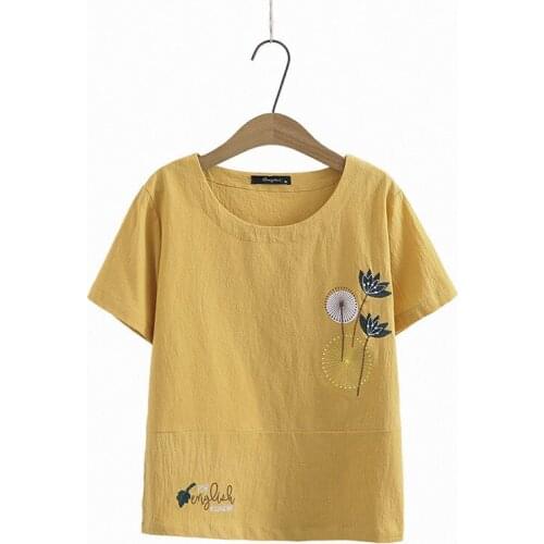 Plus Size) Womens Summer Tshirts Full Cotton Floral Embroidery Tops Vintage A-line Shirts