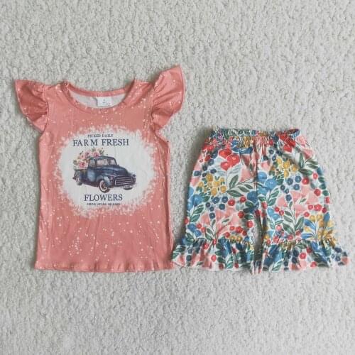 Farm Fresh Flowers Truck with Flowers Pattern Shirt Floral Shorts Outfits for Baby Girls