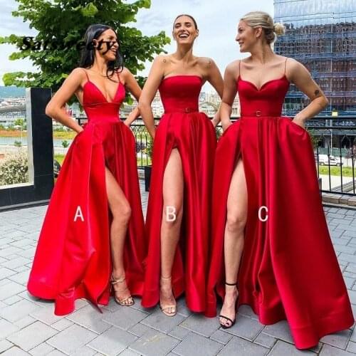 Sexy V Neck Slit Bridesmaid Dresses Spaghetti Strap Backless Pocket Women Long A Line Red Wedding Party Dress 2021 Vestidos