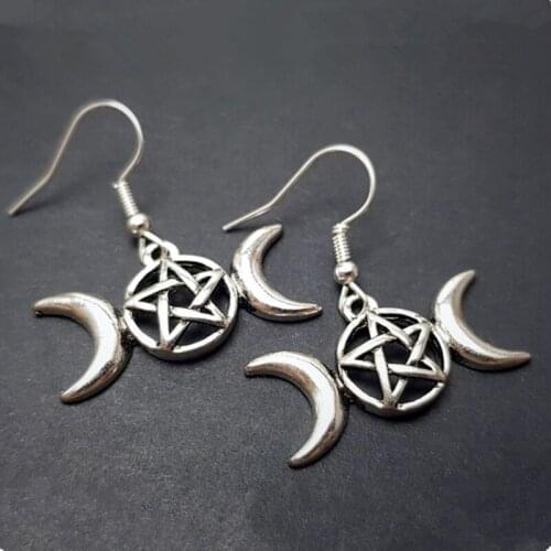 Vintage Silver Silver Triple Moon Pentacle Charm Wiccan Drop Earring Eardrop Carved Pierced Dangel Earrings Jewelry Accessories