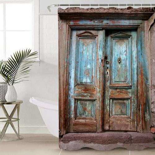 Wooden Door Retro Building Shower Curtain Bathroom Decorative Waterproof Polyester Fabric Curtain for Bathroom