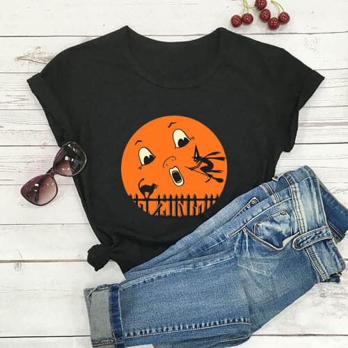 Halloween Witch Cat Print 100%Cotton Women T Shirt Unisex Funny Summer Autumn Casual Short Sleeve Top Halloween Party Shirt