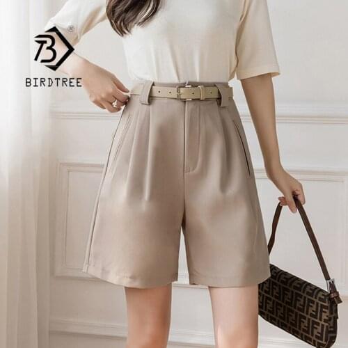 Summer Womens Korean Black Plain A-line Wide Leg Suit Shorts High Waist All-match Pocket Casual Short Pants With Sashes B18524X