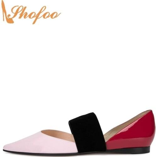 Pink Red Double Color Flats Women Slip On Elastic Large Size 12 16 Ladies Patent Leather Shoes Pointed Toe Fashion Mature Shofoo