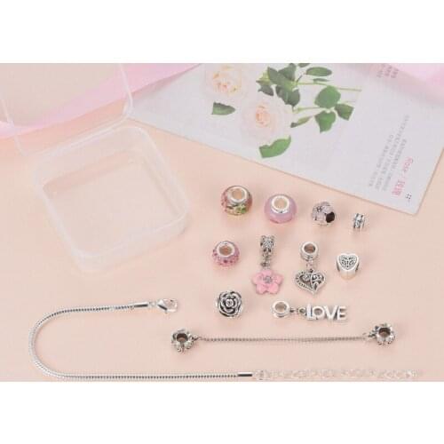 Jewelry Making Kit Valentines Day Theme DIY European Bracelets Making with Alloy Enamel Flower Glass Lampwork PolymerClay Beads