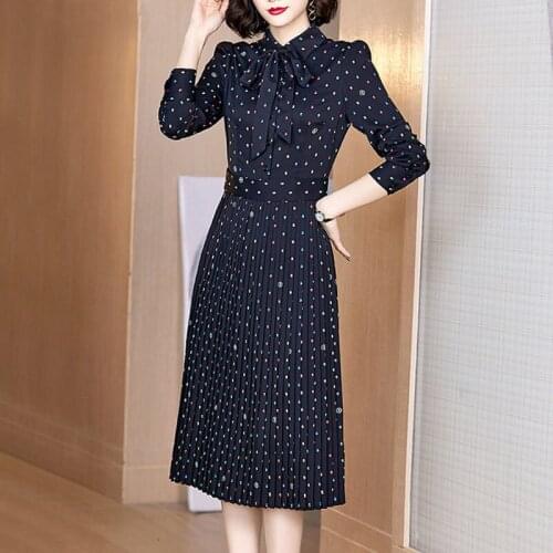 Women Dress Long Sleeve Autumn Summer Polka-dot Bow Simple Elegant Pleated Midi Dress Party Plus Size Dress Black vestidos 2020