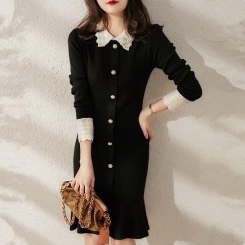 Korean Knitted Black Dress 2021 Autumn Winter Long Sleeve Slim Women Sweater Dresses Vintage Elegant Midi Ruffle Party Dress
