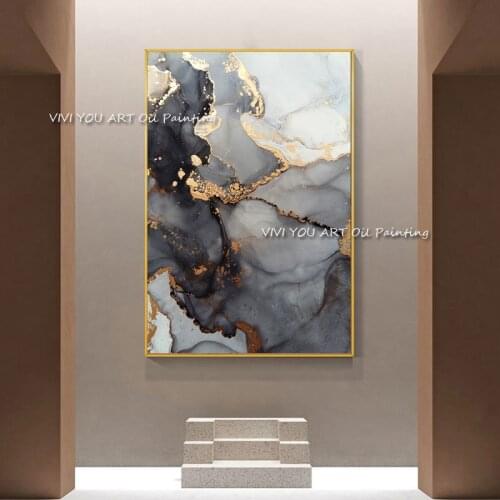 Pure 100% Handmade Abstract Grey Gold Foil Oil Painting Hand-painted Artwork High Quality Golden Large Size Painting Gift
