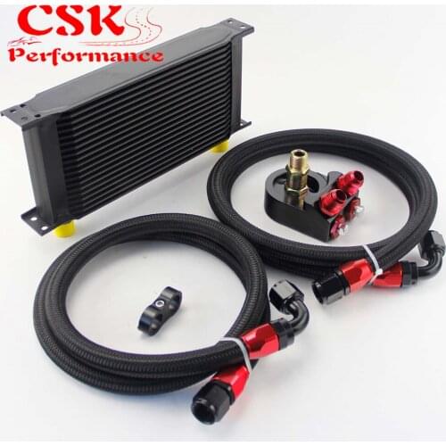 19 ROW AN-10AN UNIVERSAL ENGINE TRANSMISSION OIL COOLER BRITISH TYPE BLACK + BLACK HOSE END KIT