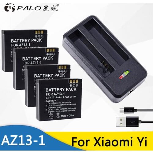 PALO 4PCS AZ13-1 AZ13 Batteries 3.7v 1010mAh Li-ion Digital Battery For Xiaomi Yi Action Camera Accessories+ USB Battery Charger