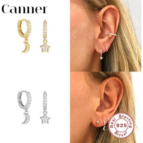 Canner 100% 925 Sterling Silver Earrings For Women Luxury Moon Star Pendant Earrings Fine Jewelry Korean oorbellen pendientes W5