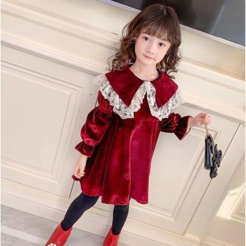 Burgundy Velvet Winter Dress Girls Christmas Kid Outfit Lace Flower Princess Elegant Dresses Children Clothes 4-14 girls dress