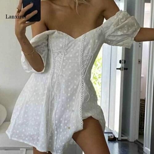 Embroidery white summer dress women lace-up cotton mini floral sexy dresses feminine Fit and Flare V-neck chic dress