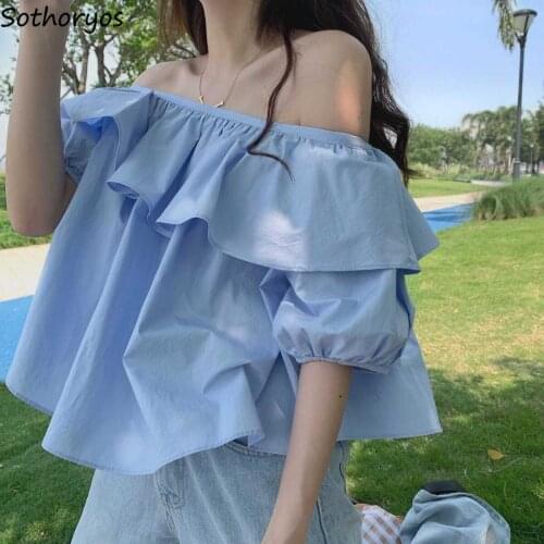 Slash Neck Blouses Women Sexy Solid Fresh Ruffles Loose Crop Top All-match Females Shirts Short Sleeve Club-wear Blouse Fashion