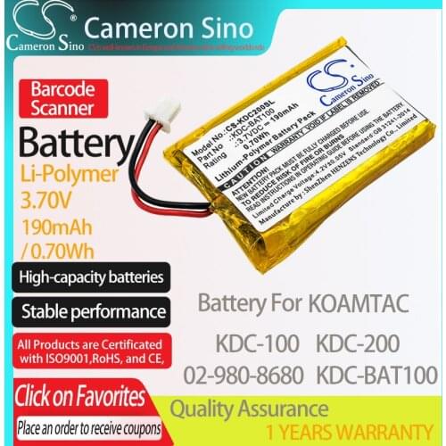 CameronSino Battery for KOAMTAC KDC-100 KDC-200 fits KOAMTAC 02-980-8680 KDC-BAT100 Barcode Scanner battery 190mAh/0.70Wh 3.70V