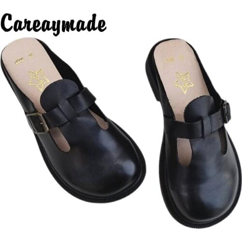 Careaymade-Genuine leather shoes versatile casual half slippers womens original leather big head round slipper single shoes