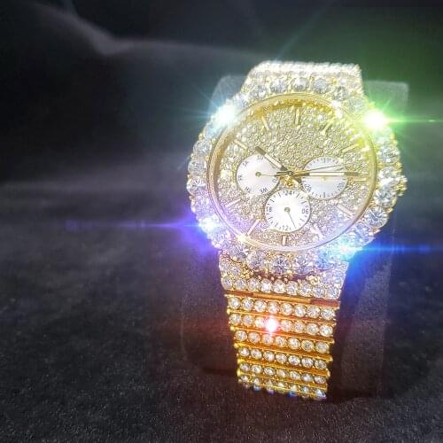 MISSFOX Iced Out Big Diamond Mens Quartz Watch Luxury High Quality Three-eye Decoration Round Watches Men Hiphop Wristwatch Man