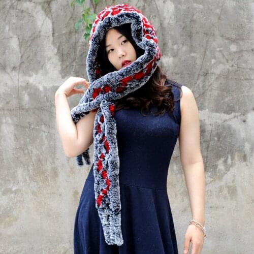 CX-C-17C Knit Rex Fur Hooded Scarf Hat ~ DROP SHIPPING