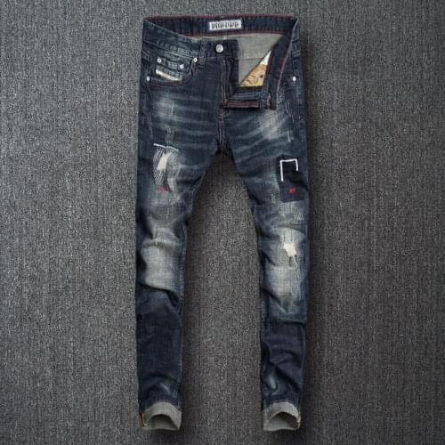 European Vintage Fashion Men Jeans Retro Distressed Slim Fit Ripped Jeans Men Streetwear Embroidery Designer Casual Denim Pants