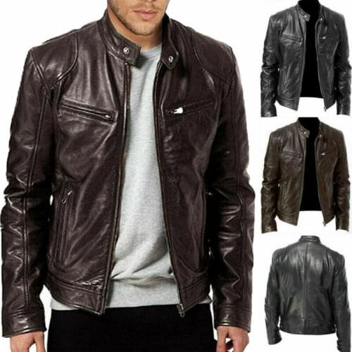Brown/Black Fashion Men Long Sleeve Leather Slim Zipper Solid Color Stand Collar Autumn Winter Casual Moto Biker Jacket Coat