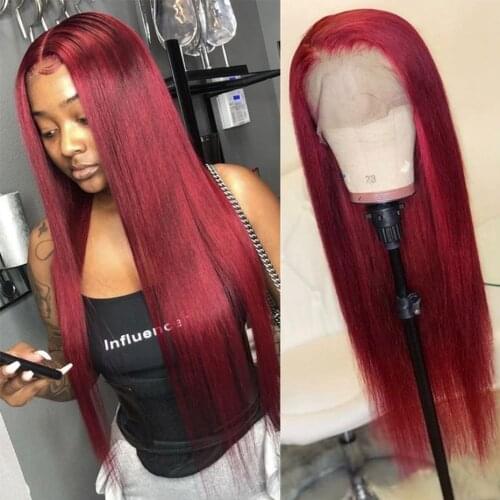 99j Burgundy Colored Human Hair Wigs Maylaysian Straight 350# Highlight Remy Human Hair Wigs For Women 150% T Part Lace Wigs