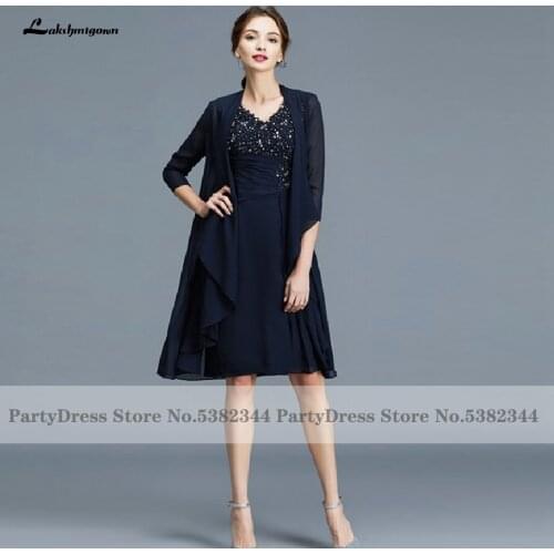 Lakshmigown Navy Blue Mother Of The Bride Dress with Jacket 2020 Vintage Lace Beads Women Short Evening Party Dinner Gowns