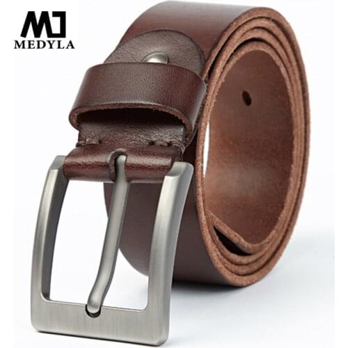 MEDYLA 100% Original Leather Mens Belt Sturdy Steel Buckle Brown Belt for Men Soft and Tough for jeans casual pants mens gift