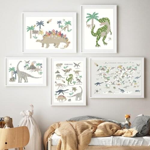 Stegosaurus Dinosaur World Map Alphabet Wall Art Canvas Painting Nordic Posters And Prints Wall Pictures Kids Baby Room Decor
