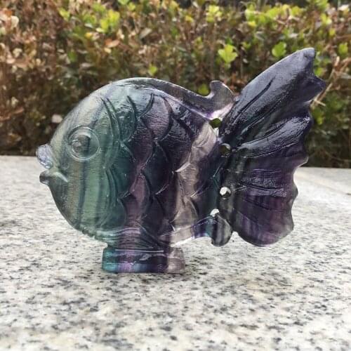 Natural Rainbow Fluorite Stone Craft Gifts Fluorite Carved Fish For Sale