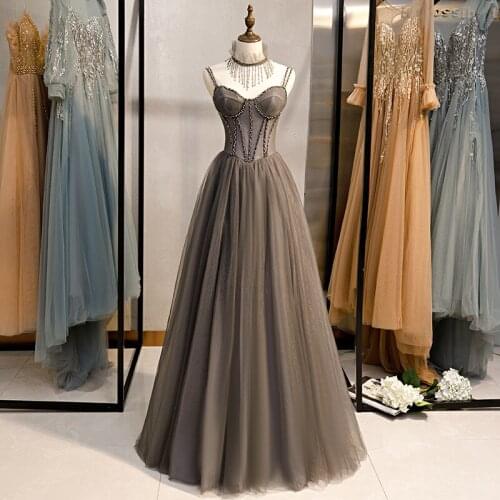 Fancy Gray Evening Dress Tulle with Beading Prom Gowns Sweethear Spaghetti Lace-Up Back 2021 New Arrival