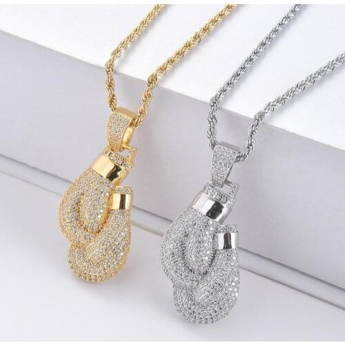Bling Boxing Gloves Pendant Necklace & Pendant Charm Free Rope Chain Gold Color Iced Cubic Zircon Mens Hip hop Jewelry