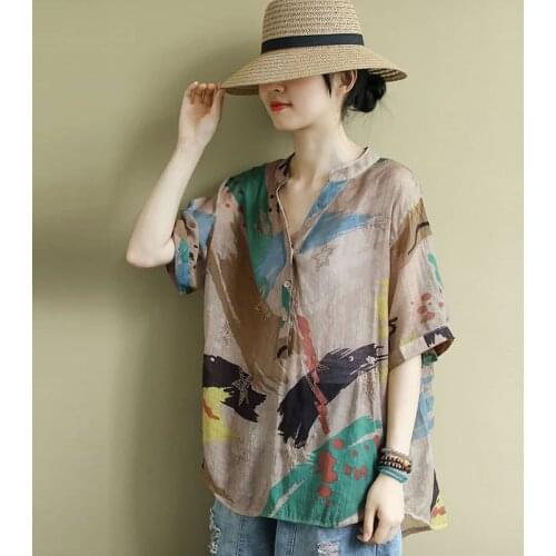 Plus Size Shirts Women Summer Loose Casual Tops New 2020 Arts Style Vintage Print V-neck Cotton Linen Blouses Shirts Woman P1024