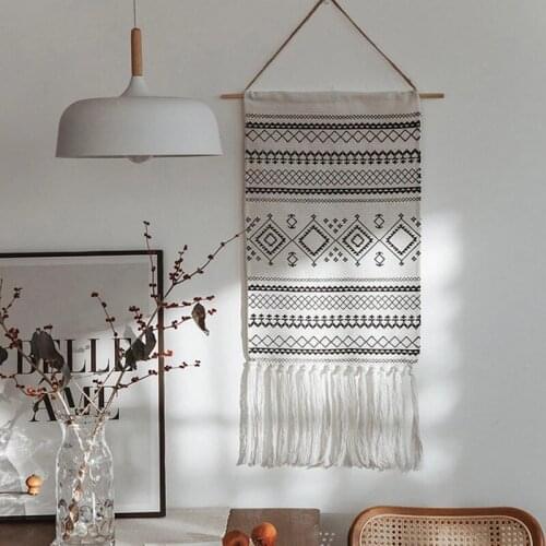 Nordic Morocco Geometric Pattern Tassel Black White Fabric Wall Hanging Decoration Ornament Home Office Studio Bedroom Ornament