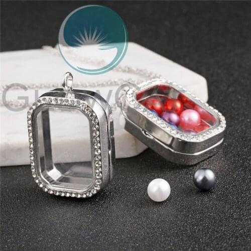 Glass Rectangle Locket Pearl Necklace Pendant fit 8mm Beads Pearl 50cm Steel Chain Necklace K1253