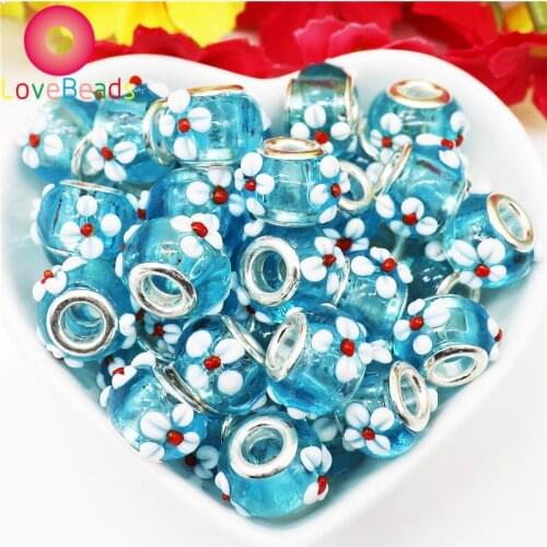 10Pcs Color Flower Large Hole Lamowork Glass Beads Fit Pandora Charm Bracelet Snake KeyChain Pendant Necklace for Women Jewelry