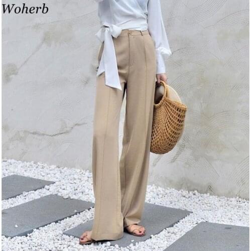 Woherb 2021 modis Summer Wide Leg Pants Women elastic High Waist Palazzo Pants streetwear Elegant Office Ladies Trousers 22507