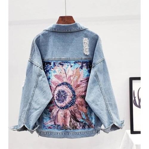 Print Beading Womens Denim Jacket Hole Design Streetwear Cowboy Outerwear Spring Autumn Fashion Casual Loose Femme Jean Coat