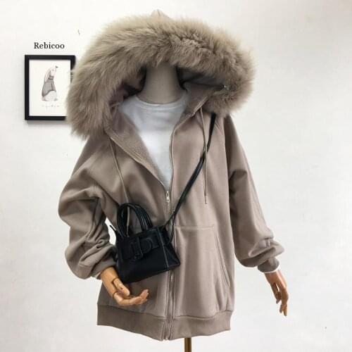 Blue Sweatshirt For Women Patchwork Fur Hooded Collar Long Sleeve Loose Oversized Cotton Pullovers Female Clothing