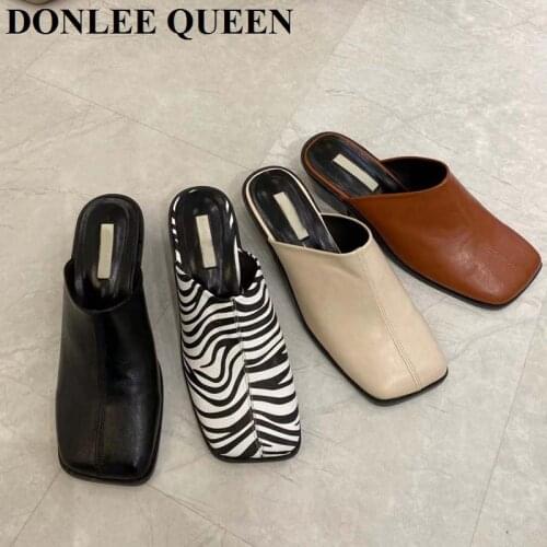 Zebra Pattern Mule Shoes Women Mid Heel Square Toe Slippers Outdoor Slides Close Toe Flip Flops 2021 New Spring Zapatillas Mujer