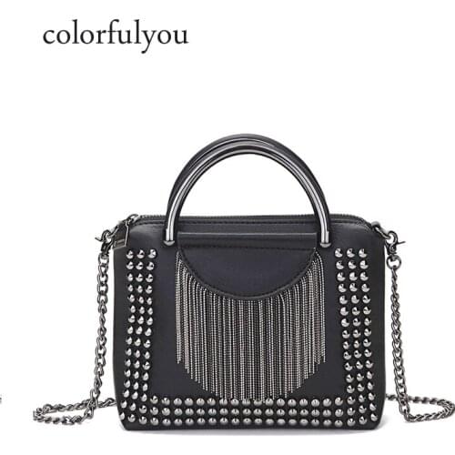 NEW women PU Leather Tassel Handbags Black Rivets Messenger Bag for ladies 2019 NEW punk tote bags chain Crossbody Bags Purse