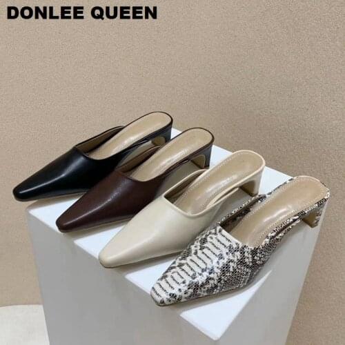 2020 Spring Women Slippers Elegant Square Toe Mules Shoes Women Block Low Heels Brand Snake pattern Outside Slides Slipper Mujer