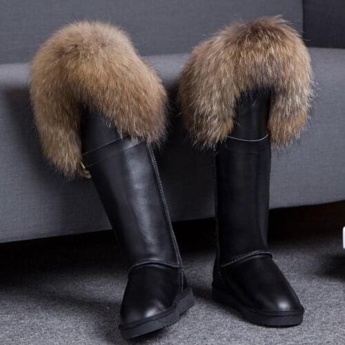 Womens Winter Snow Warm Fur Lining Real Fox Fur Trim Real Leather Knee High Boots Thick 12Colors Flats Shoes Australia New 2021