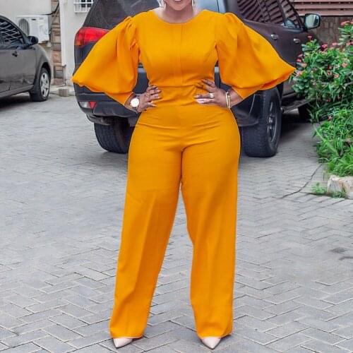 African Ladies Jumpsuits Solid Lantern Sleeve High Waisted Fashion Elegant Evening Night Party Club Wear Rompers & Jumpsuits Hot