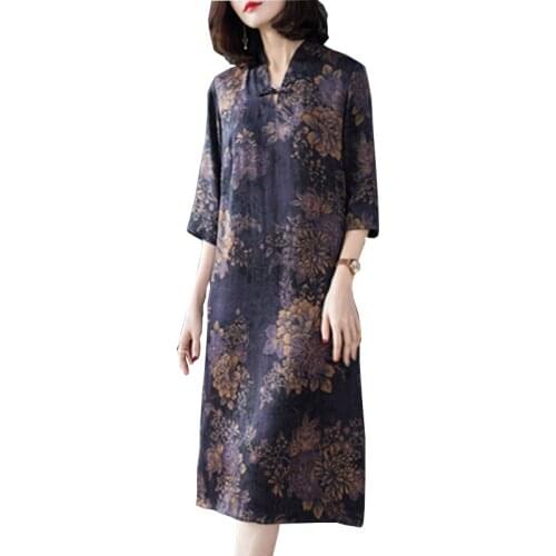 Summer Vintage Floral Mulberry Silk Midi Sundress 2021Casual 4XL Plus Size Women Dresses Elegant Bodycon Party Vestidos FC1340