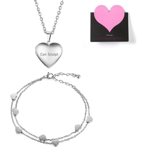BONISKISS Heart pattern Open photo frame Pendant Necklaces Charm Female Bangles Sets for Mother Days Gift Birthday Jewellery