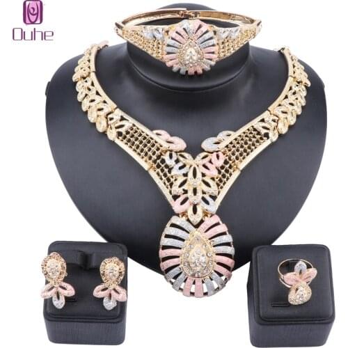 Wedding Dress Costume Women Party Gold Colorful Crystal Necklace Bracelet Earrings Ring Holiday Jewelry Sets